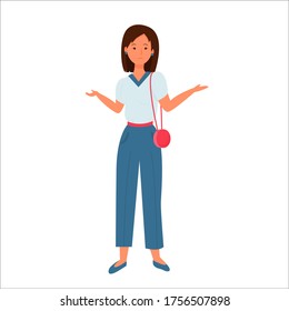 Confused woman, emotional face and pose, questions around isolated on white background stock vector illustration. Fashion look, pretty and attractive.