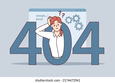 Confused woman experience 404 error on computer. Frustrated unhappy female employee have mistake message on gadget. Page not found. Vector illustration. 