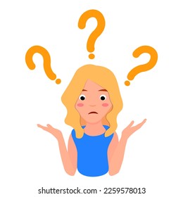 Confused woman face. Simple flat vector illustration of question dilemma problem concept, isolated on white cartoon character, business asking analysis mark.
