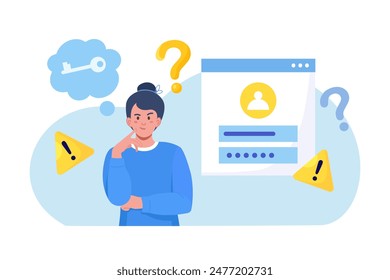 Confused woman forgetting her password for web page. User assistance and password reset services. Person who forgot his personal data when he wanted to log in. Authorization and identification