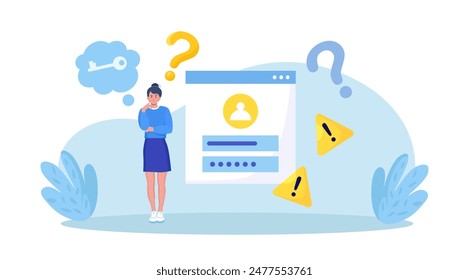 Confused woman forgetting her password for web page. User assistance and password reset services. Person who forgot his personal data when he wanted to log in. Authorization and identification