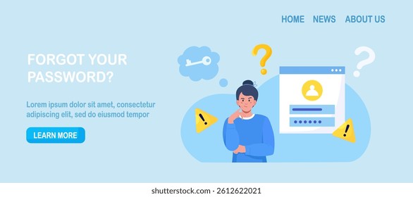 Confused woman forgetting her password for web page. User assistance and password reset services. Person who forgot his personal data when he wanted to log in. Authorization and identification