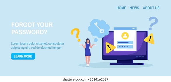 Confused woman forgetting her password for web page. User assistance and password reset services. Person who forgot his personal data when he wanted to log in. Authorization and identification