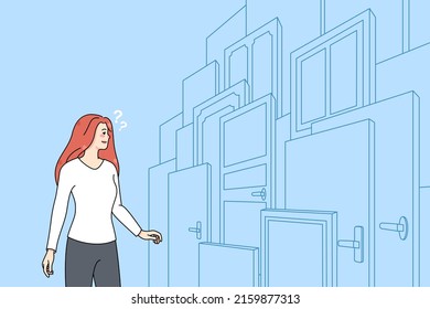 Confused woman in front of numerous doors find right solution or option. Frustrated female make life choice, finding correct path or way. Right and wrong decision. Vector illustration. 