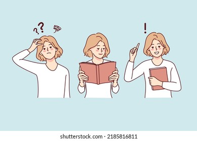 Las mujeres confundidas tienen un cabezal de preguntas, leen un libro y reciben respuesta. Chica inteligente buscando una solución en el libro. Conocimiento y educación. Ilustración vectorial. 