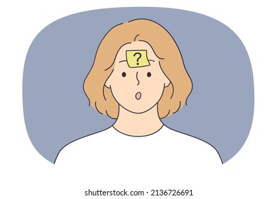 Confused woman have sticker note with question mark on forehead feel frustrated about problem solution. Stunned girl need answer solve trouble. Dilemma and confusion. Vector illustration. 