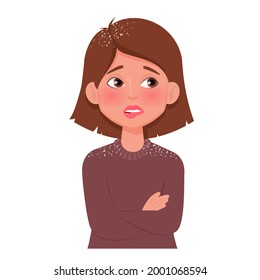 Mujer confusa con un problema de caspa. Problemas de cabello. Ilustración vectorial aislada en blanco.