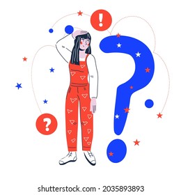 Confused woman having question. Thinking woman or young girl in doubts, searching answers and solution, need help and information, flat cartoon vector illustration isolated on white background.