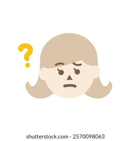 Confused woman head with question mark. Facial expression, feeling, trouble, solution concepts. Flat character vector design isolated illustration.