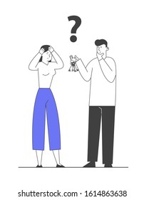 Confused Woman Holding Head, Man with Bunch of Keys with Question Mark above Head. Searching Solution, Forgot Password Help Aid Concept. Did You Know Tips. Cartoon Flat Vector Illustration, Line Art