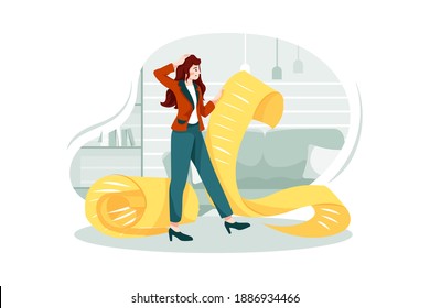 Confused Woman Holding A Long To-do List Vector Illustration Concept. Flat Illustration Isolated On White Background.