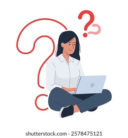 Confused Woman with Laptop and Question Mark – Concept of Doubt, Learning, and Online Search Illustration