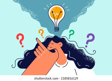 Confused woman with lightbulb above head thinking of problem solution. Pensive female generate creative innovative business idea. Innovation. Vector illustration. 