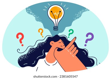 Confused woman with lightbulb above head thinking of problem solution. Pensive female generate creative innovative business idea. Innovation. Vector illustration.