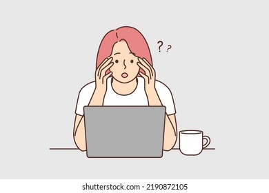 Confused woman look at laptop screen frustrated by unexpected news on internet. Stunned female shocked by unbelievable message on computer. Vector illustration. 