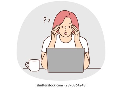 Confused woman look at laptop screen frustrated by unexpected news on internet. Stunned female shocked by unbelievable message on computer. Vector illustration.