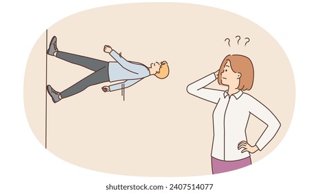 Confused woman look man walking another direction. Frustrated businesswoman shocked with colleague following different path. Vector illustration.