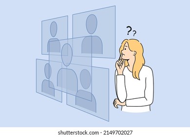 Confused woman look at various avatars in cyberspace think of image change. Pensive female choose decide digital face personality from virtual space. New technology. Vector illustration. 