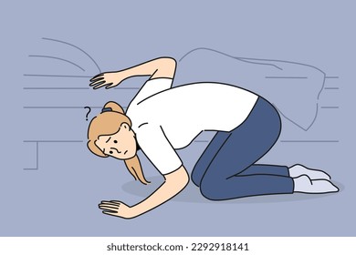 Confused woman looking under bed at home. Frustrated girl search for lost item in bedroom. Vector illustration. 