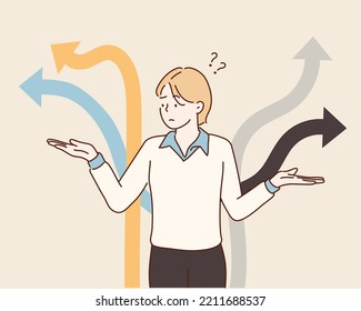 Confused woman makes a choice. A woman looking into the future for new growth opportunities. Hand drawn style vector design illustrations.