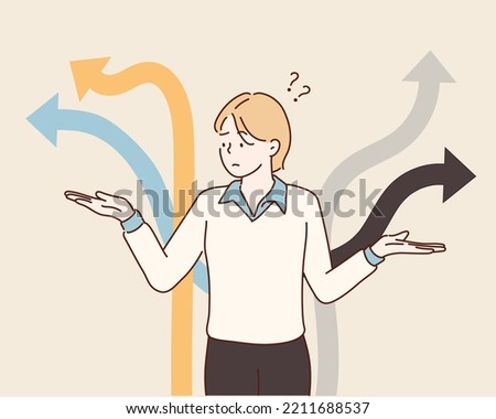 Confused woman makes a choice. A woman looking into the future for new growth opportunities. Hand drawn style vector design illustrations.