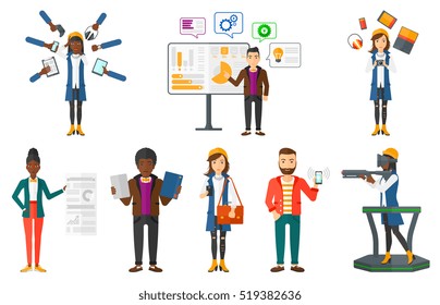 Confused woman and many hands with gadgets around her. Young woman surrounded with gadgets. Woman using many electronic gadgets. Set of vector flat design illustrations isolated on white background.