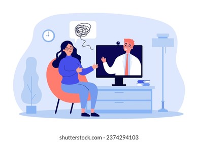 Mujer confusa en la sesión de terapia en línea ilustración vectorial. Dibujo de una psicóloga de consultoría de muchacha triste a través de una computadora o una videollamada. Salud mental, psicología, comunicación, concepto de tecnología