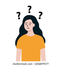 Confused Woman with Question Mark Above Head. Girl cartoon characters Thinking Gesture. Problem, challenge, solutions concept. Flat vector design illustration.