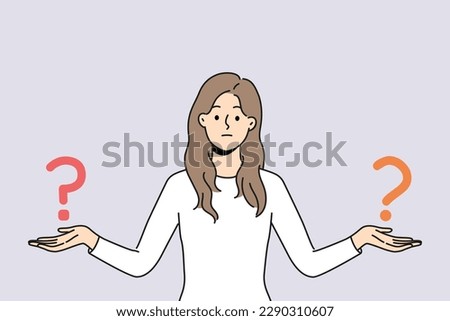Confused woman with question marks on hands make decision. Unsure girl feel frustrated comparing different options having dilemma. Vector illustration.  ストックフォト © 
