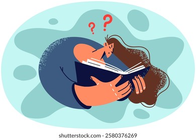 Confused woman reading book. Girl with textbook feel frustrated and doubtful. Education and learning. Vector illustration.