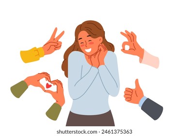 Confused woman receiving public approval and supportive feedback, standing among hands with positive gestures. Approval and love from fans for influencer girl enjoying popularity in society