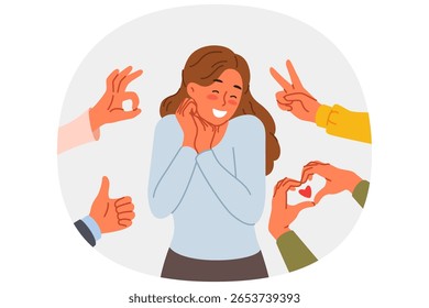 Confused woman receiving public approval and supportive feedback, standing among hands with positive gestures. Approval and love from fans for influencer girl enjoying popularity in society