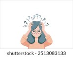 Confused woman scratching her head with question mark in flat design on white background. vector illustration.