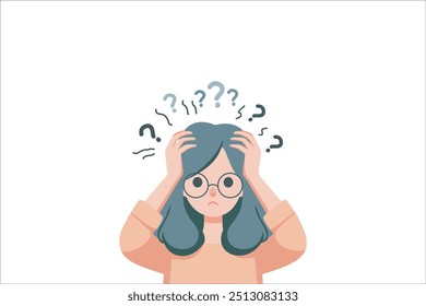 Confused woman scratching her head with question mark in flat design on white background. vector illustration.