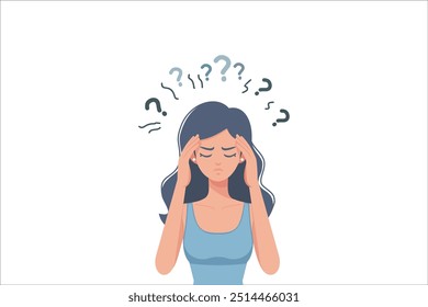 Confused woman scratching her head with question mark in flat design on white background. vector illustration.