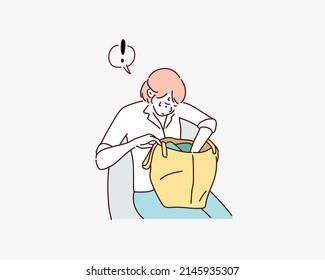 Confused woman searching something in her bag. Hand drawn style vector design illustrations.