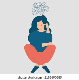 Confused woman sits on the floor has negative thoughts. Sad teenage girl with tangled thoughts suffers from mental health disorder. Concept of depression, stress and anxiety. Vector illustration.