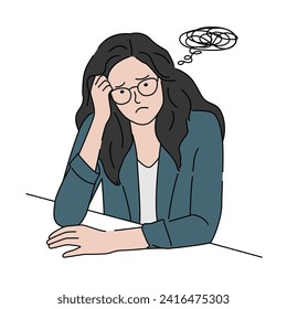 Confused woman sitting with hand on forehead, exhausted, depression and stress concept. Hand drawn vector illustration