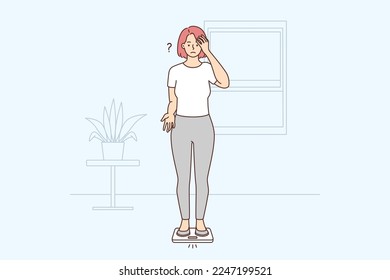 Confused woman stand on scales surprised with weight on display. Unhappy female feel frustrated with bodyweight. Diet and nutrition. Vector illustration. 