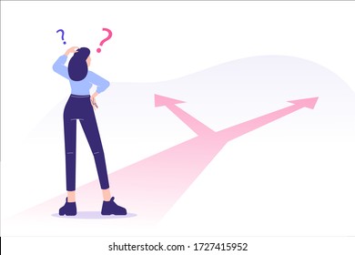 Confused woman standing at crossroads. Difficult choice between two options. Decide dilemma concept. Solve problem. Alternatives or opportunities. Making decision. Choose pathway. Vector illustration