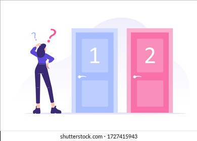 Confused woman standing near two doors. Difficult choice between two options. Decide dilemma. Solve problem. Alternatives or opportunities. Making decision concept. Choose pathway. Vector illustration