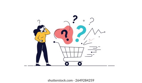 Confused Woman Standing Next to Shopping Cart Filled With Question Marks and Uncertainty About Purchases