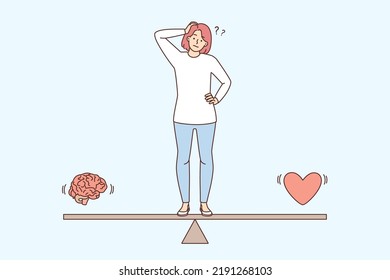 Confused woman standing on scales thinking between brain and heart. Frustrated girl make decision among reason and emotion. Feelings and logic. Vector illustration. 