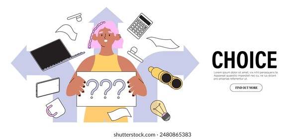 Confused woman student at crossroad sign hold question mark think which way to go vector illustration. Decision making, career or educational path, work direction. Choose right way to success concept.