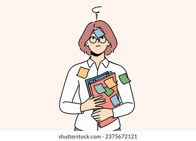 Confused woman student with stickers on face and shirt needs ability to do task management. Girl teacher holds folders with documents and suffers due to excessive pressure from university management