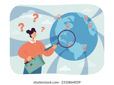 Confused woman with suitcase choosing relocation destination. Girl with magnifier examining globe for moving location vector illustration. Relocation, transportation, immigration, search concept