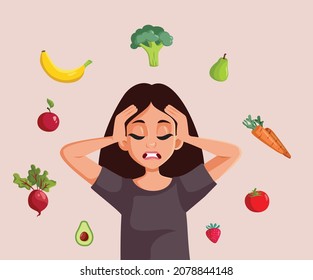 Confused Woman Thinking about Diet Vector Cartoon Illustration. Stressed girl meal planning suffering from orthorexia obsessing over food
