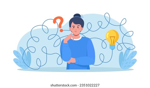 Confused woman thinking about idea, finding solutions. Problem solving skill, creativity to solve difficult issue. Human thoughts process, strategic thinking to create and develop solution