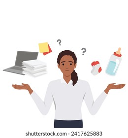 Confused woman thinking about motherhood or career. Frustrated female make decision of becoming mother or businesswoman. Flat vector illustration isolated on white background