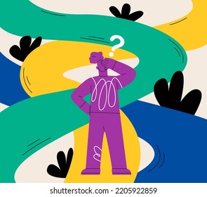 Confused woman thinking make decision on multiple route ahead. Paradox of choice concept. Colorful vector illustration